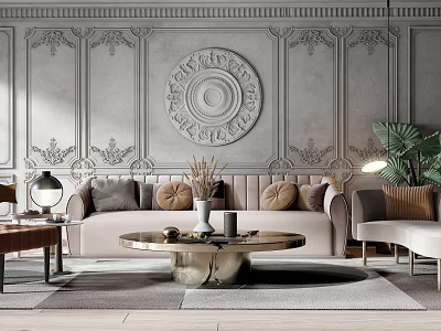 Elegant Beige Sofa And Gold Coffee Table Combination With Ornate Relief Wall And Potted Plant 3d model