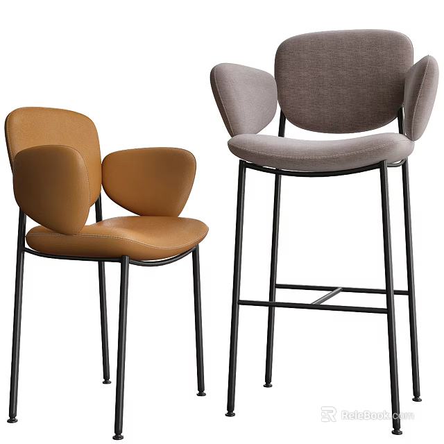 Modern Brown And Gray Bar Stools With Curved Backrest Armrest Upholstered Seats Black Metal Legs 3d model 