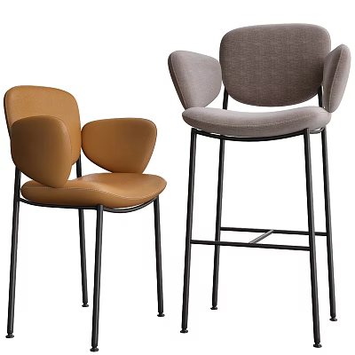 Modern Brown And Gray Bar Stools With Curved Backrest Armrest Upholstered Seats Black Metal Legs 3d model