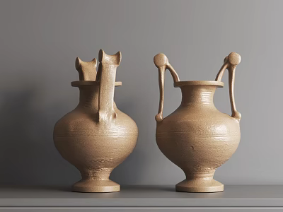 Two Brown Textured Ceramic Vessels With Unique Handles On Gray Shelf 3d model