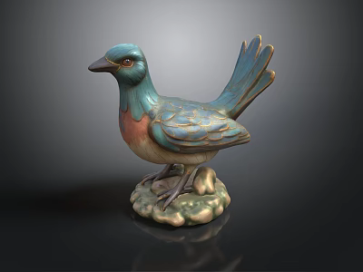 Turquoise Brown And Pink Decorative Bird Sculpture With Stone Cloud Base 3d model