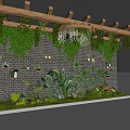 Garden Landscape Featuring Wooden Pergola Hanging Vines Brick Wall And Shelves With Plants