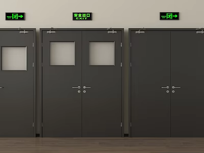 Black Emergency Exit Doors With Green Safety Signs And Directional Arrows 3d model