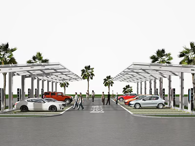 Modern EV Charging Parking Lot With Canopies Palm Trees Parked Cars And Pedestrians 3d model