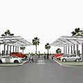 Modern EV Charging Parking Lot With Canopies Palm Trees Parked Cars And Pedestrians