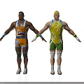 Two Athletic Men In Colorful Wrestling Outfits With Protective Gear Posing