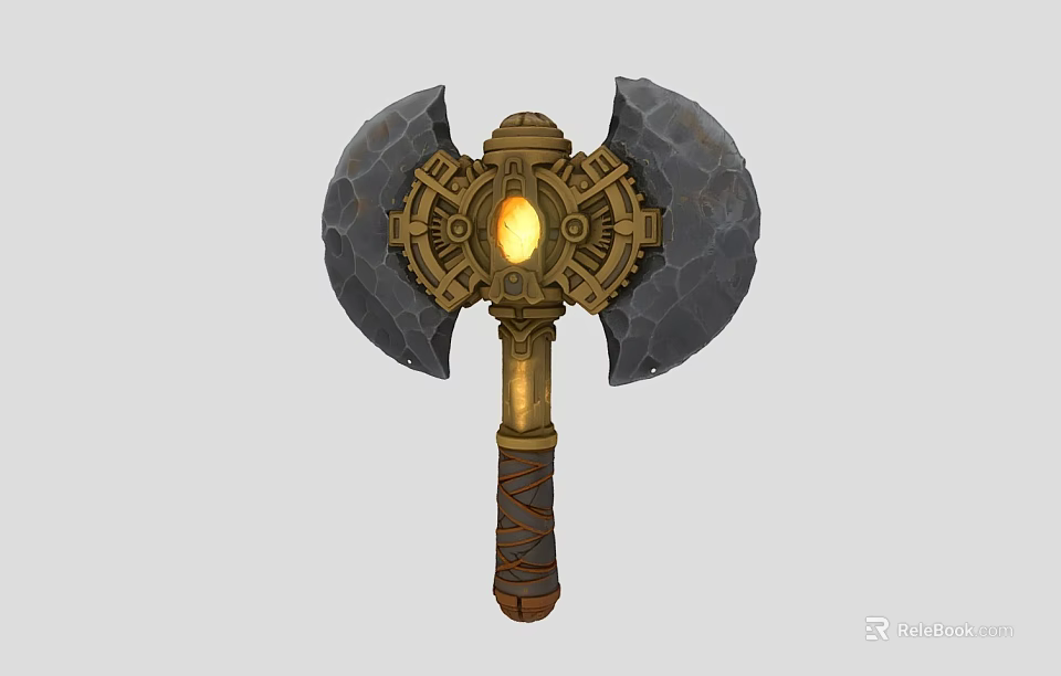 Ornate Mythical Hammer With Double Gray Heads Golden Decoration Glowing Gem And Brown Handle 3d model 