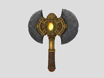 Ornate Mythical Hammer With Double Gray Heads Golden Decoration Glowing Gem And Brown Handle 3d model