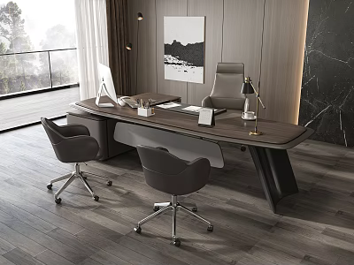 Modern Office Desk With Two Chairs Table Lamp Computer Wooden Floor And Natural Light 3d model