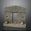 Ancient Stone Architectural Model With Central Doorway Side Windows And Clay Pots Base