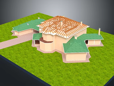 Cartoon Scene of House Model With Green Roof Wooden Frame and Grassy Area 3d model
