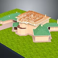 Cartoon Scene of House Model With Green Roof Wooden Frame and Grassy Area