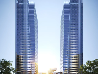 Two Tall Modern Office Buildings With Glass Curtain Walls And Trees Under Sunlight 3d model