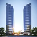 Two Tall Modern Office Buildings With Glass Curtain Walls And Trees Under Sunlight