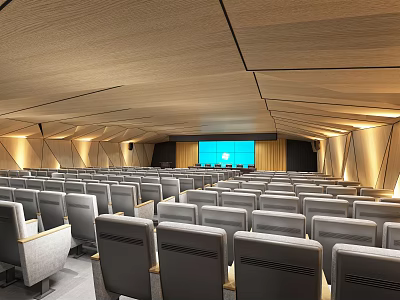 Modern Conference Room With Wooden Geometric Ceiling Gray Seats Warm Lighting And Large Blue Screen 3d model