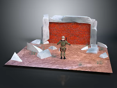 Soldier Standing In Front Of Red Brick Wall With White Ice Rocks On Sandy Ground 3d model