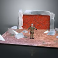 Soldier Standing In Front Of Red Brick Wall With White Ice Rocks On Sandy Ground