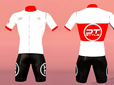 White Cycling Jersey With Red Collar Black Shorts And DT STYLE Logo 3d model