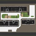 Multi Story Residential Building Model With Yellow Exteriors Dark Roofs And Central Green Area