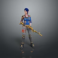 Man With Blue Hair Wearing Blue Outfit Holding Golden Rifle Against Grey Background