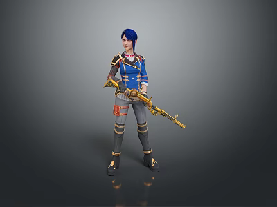 Man With Blue Hair Wearing Blue Outfit Holding Golden Rifle Against Grey Background 3d model