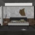 Modern Bedroom Interior With Concrete Ceiling Wall Wooden Cabinets Black Headboard Gray Rug Plant