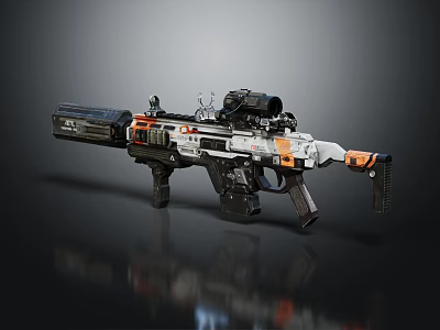 Futuristic Tactical Assault Rifle With Scope Attachment And Orange Black White Design 3d model