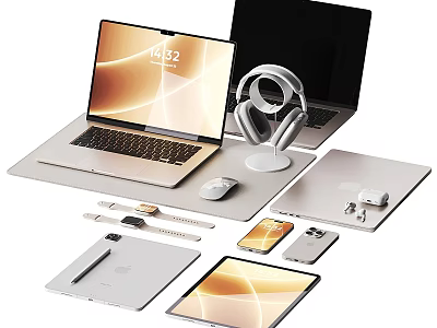 Sleek Modern Laptops Tablets And Smart Devices With Accessories On 3d model