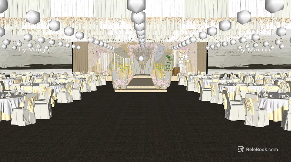 Luxurious Banquet Hall Interior With Chandeliers Tables Chairs Stage And Decorative Flowers 3d model 