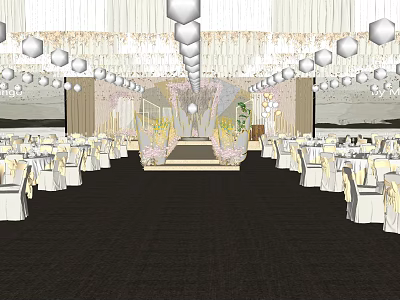 Luxurious Banquet Hall Interior With Chandeliers Tables Chairs Stage And Decorative Flowers 3d model