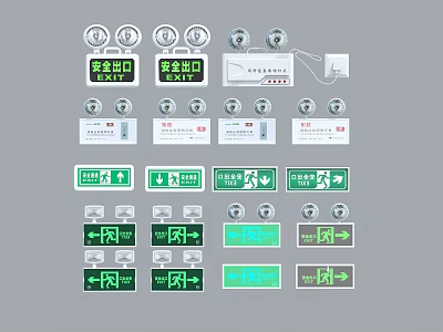 Fire Safety Equipment With Various Emergency Exit Signs And Illuminated Direction Indicators For Building Safety 3d model