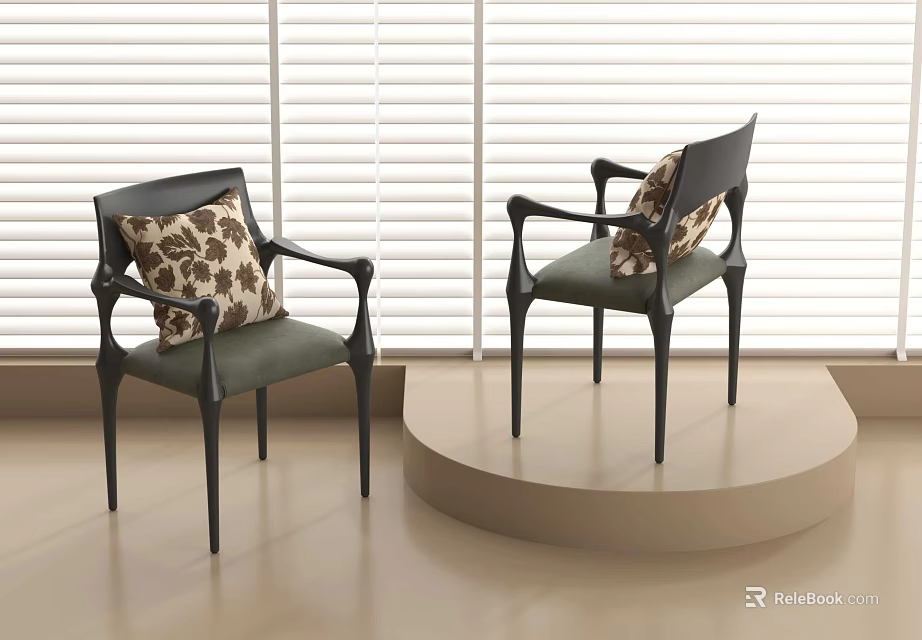 Black Armchair With Leopard Print Cushion And Armrest By Window Blinds On Round Platform 3d model 
