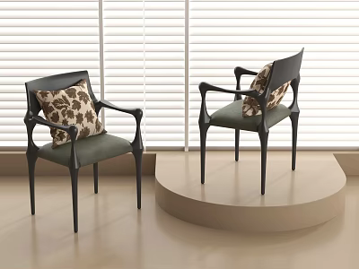Black Armchair With Leopard Print Cushion And Armrest By Window Blinds On Round Platform 3d model