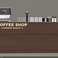 Wooden Coffee Shop Cash Register Counter with POS Display White Countertop and Coffee Supplies