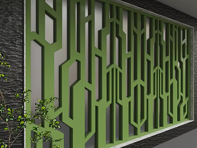 Green Geometric Lattice Background Wall With Gray Wall And Plants 3d model
