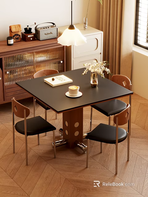 Dining Table Set With Black Tabletop Wooden Base Four Chairs Book Cup Vase White Flowers 3d model 