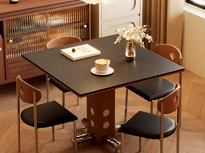 Dining Table Set With Black Tabletop Wooden Base Four Chairs Book Cup Vase White Flowers 3d model