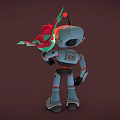 Blue Gray Robot With Yellow Eyes And Colorful Parrot Standing On Hand