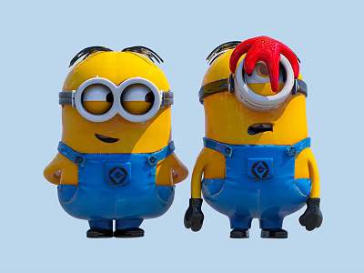 Minions Game And Movie Characters Wearing Blue Overalls Goggles And Red Head Accessory Standing Together 3d model