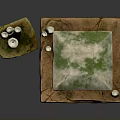 Traditional Sculpture Carving Featuring Green Roof Multi Tiered Structure And Base Small Candle Like Objects