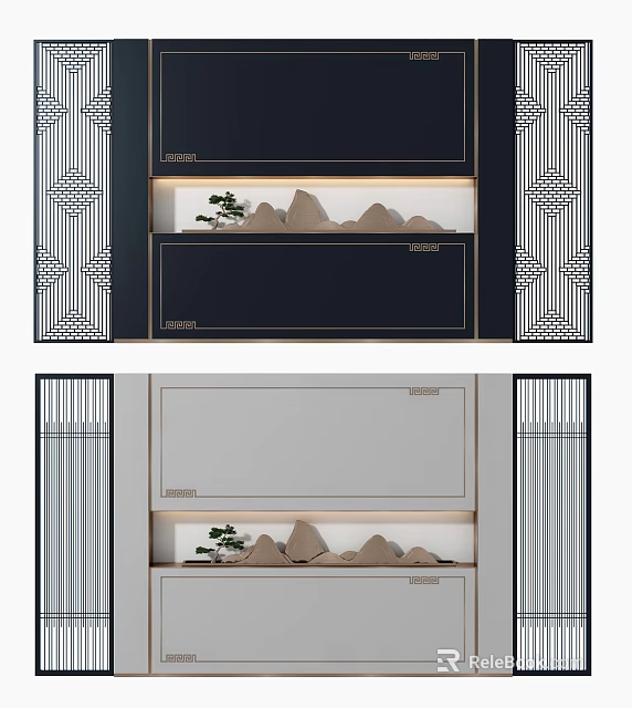 Modern Chinese Sofa Background Wall With Geometric Lattice Built in Shelves Rockery Decorations Small Plants 3d model 