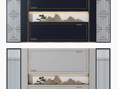Modern Chinese Sofa Background Wall With Geometric Lattice Built in Shelves Rockery Decorations Small Plants 3d model