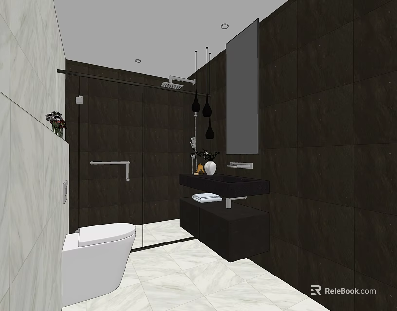 Modern Hotel Bathroom Interior With White Toilet Dark Shower Enclosure Black Vanity And Marble Flooring 3d model 