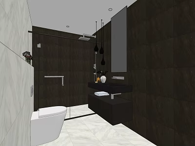 Modern Hotel Bathroom Interior With White Toilet Dark Shower Enclosure Black Vanity And Marble Flooring 3d model