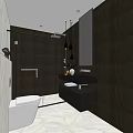 Modern Hotel Bathroom Interior With White Toilet Dark Shower Enclosure Black Vanity And Marble Flooring