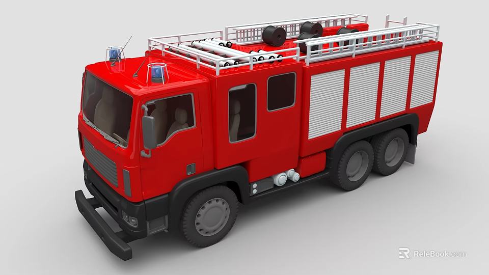 Red Fire Truck With Roof Ladder Emergency Lights And Multiple Wheels Design 3d model 