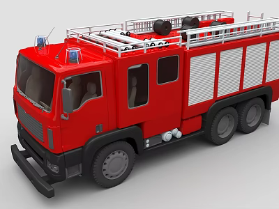 Red Fire Truck With Roof Ladder Emergency Lights And Multiple Wheels Design 3d model