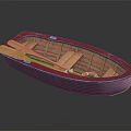 Detailed Wooden Small Boat with Red Interior Seats and Wooden Oars