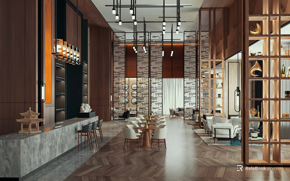 Modern Sales Office Interior Design With Wooden Panels Pendant Lights Marble Counter Sofa And Bookshelves 3d model 