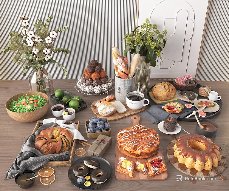 Delicious Assorted Foods Display With Pastries Cakes Breads And Fruits 3d model 